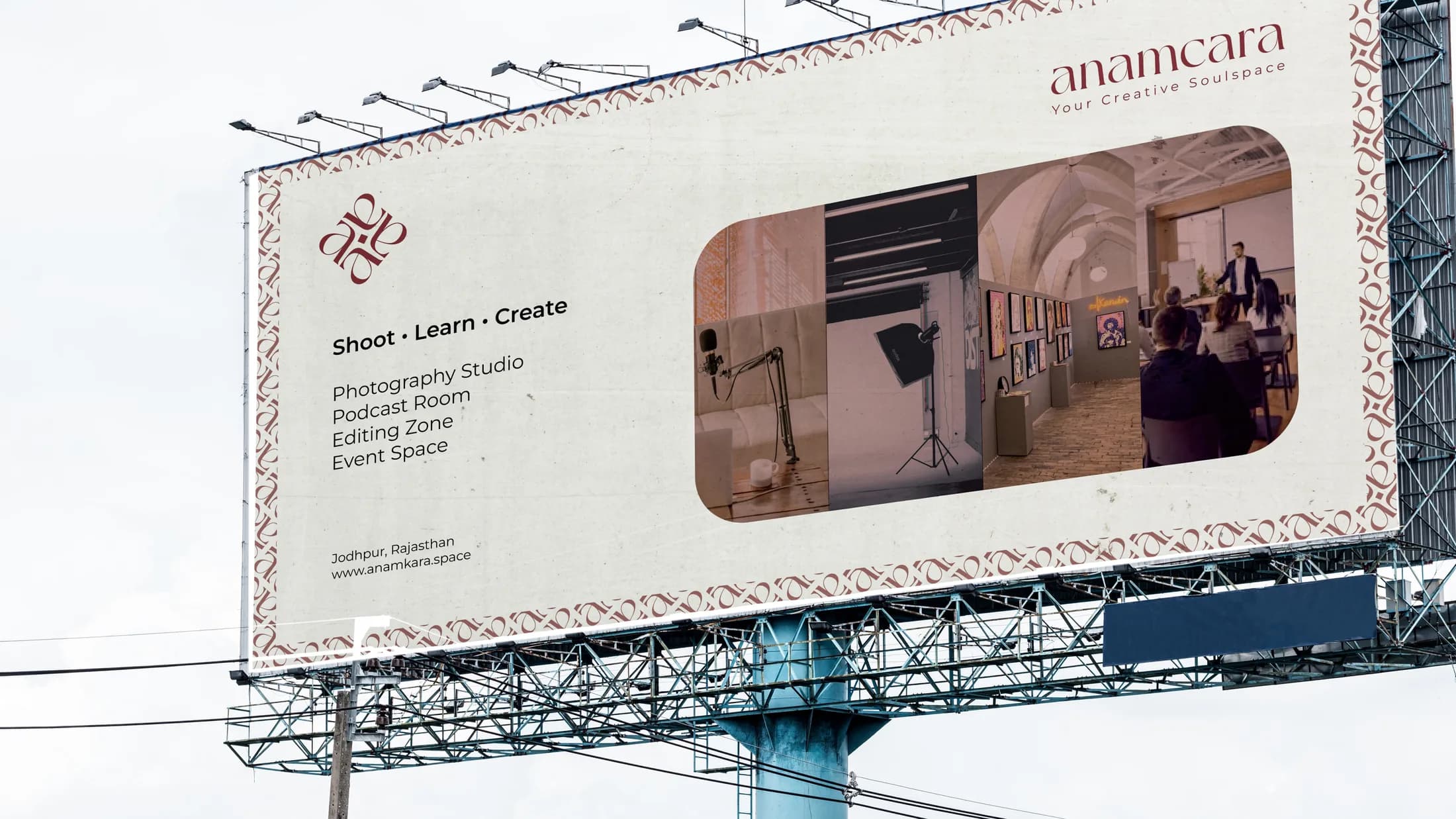 Anamcara billboard — Shoot, Learn, Create — with a patterned border