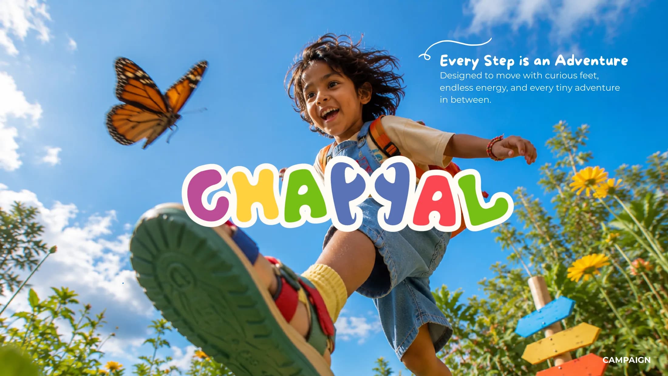 Campaign visual — a kid mid-leap with a butterfly, Chappal logo above