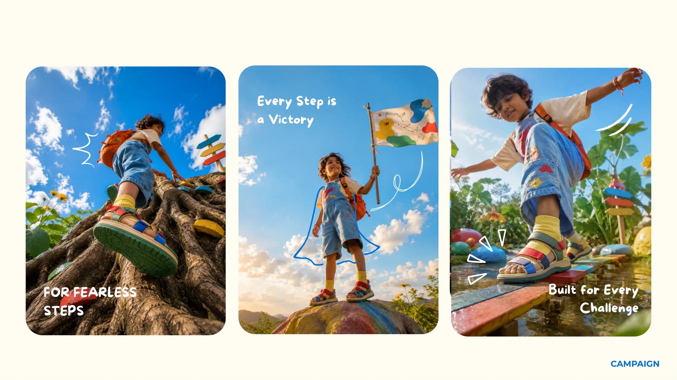 Three campaign posters — For Fearless Steps, Every Step is a Victory, Built for Every Challenge