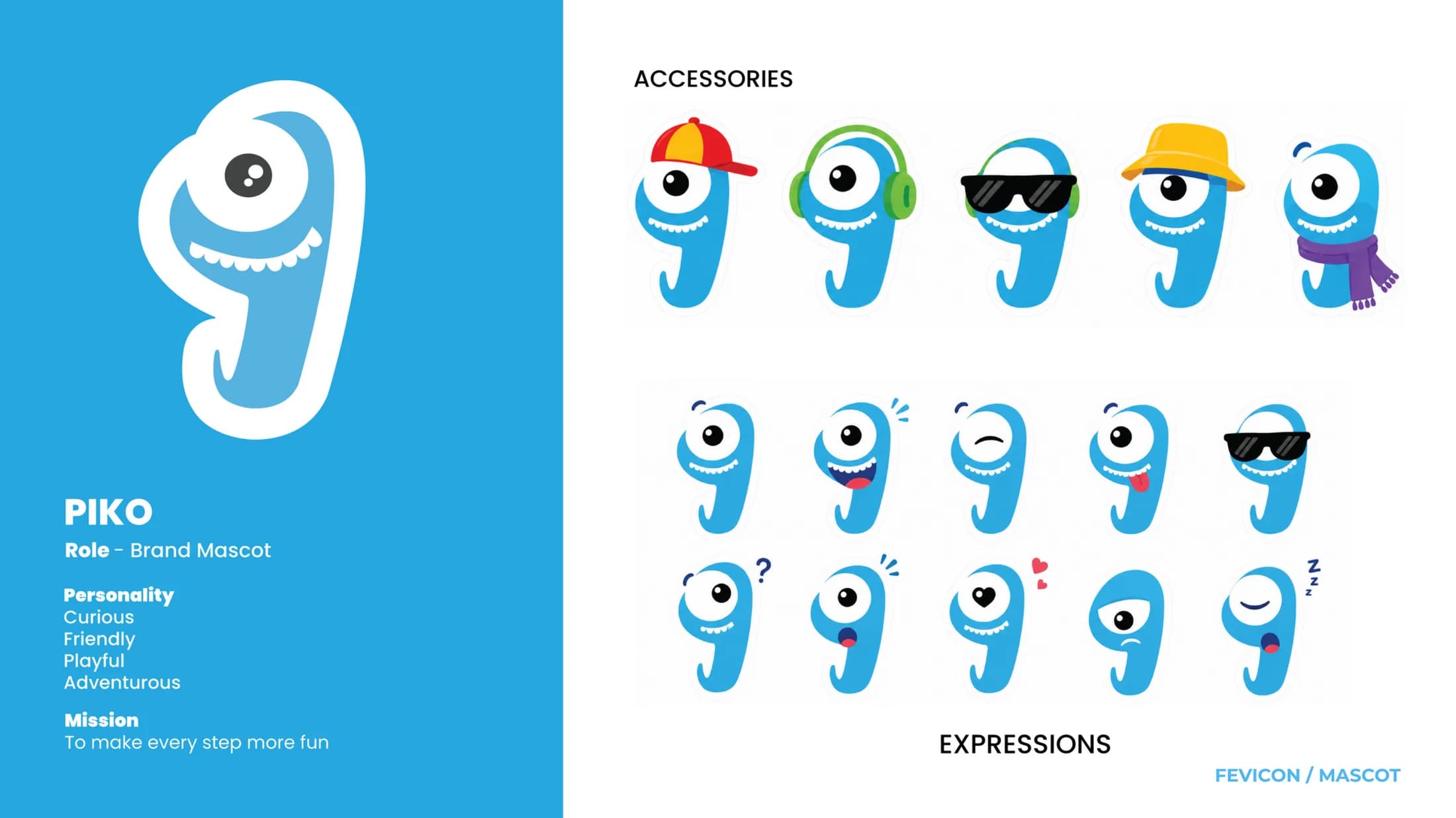 Piko expression sheet — the mascot in many moods and accessories