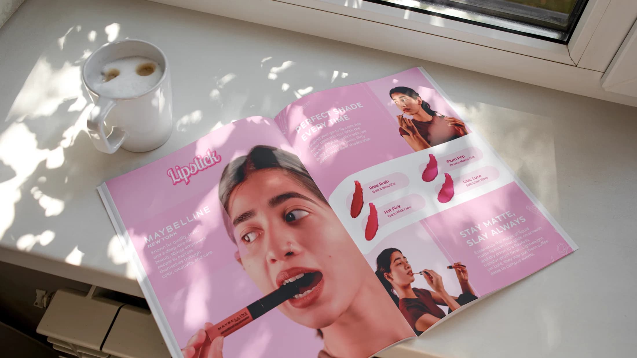 Open Nykaa × Barbie catalog spread in Barbiecore pink, lying on a sunlit table
