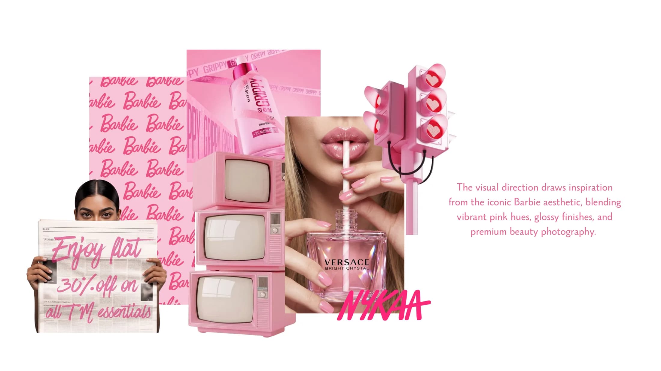 Barbie-inspired moodboard with pink packaging, retro props and type