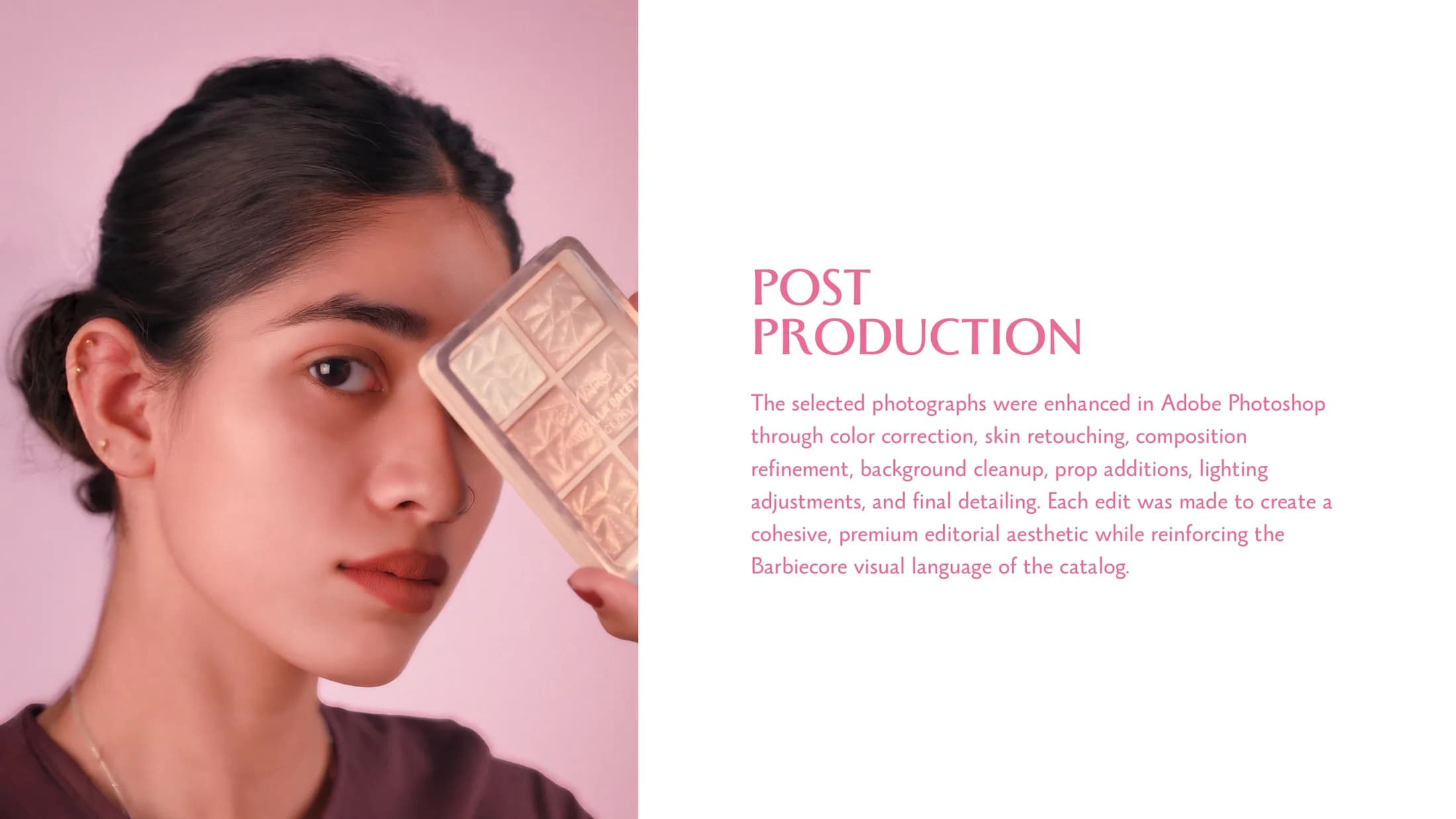 Post-production portrait — model holding a product beside retouching notes