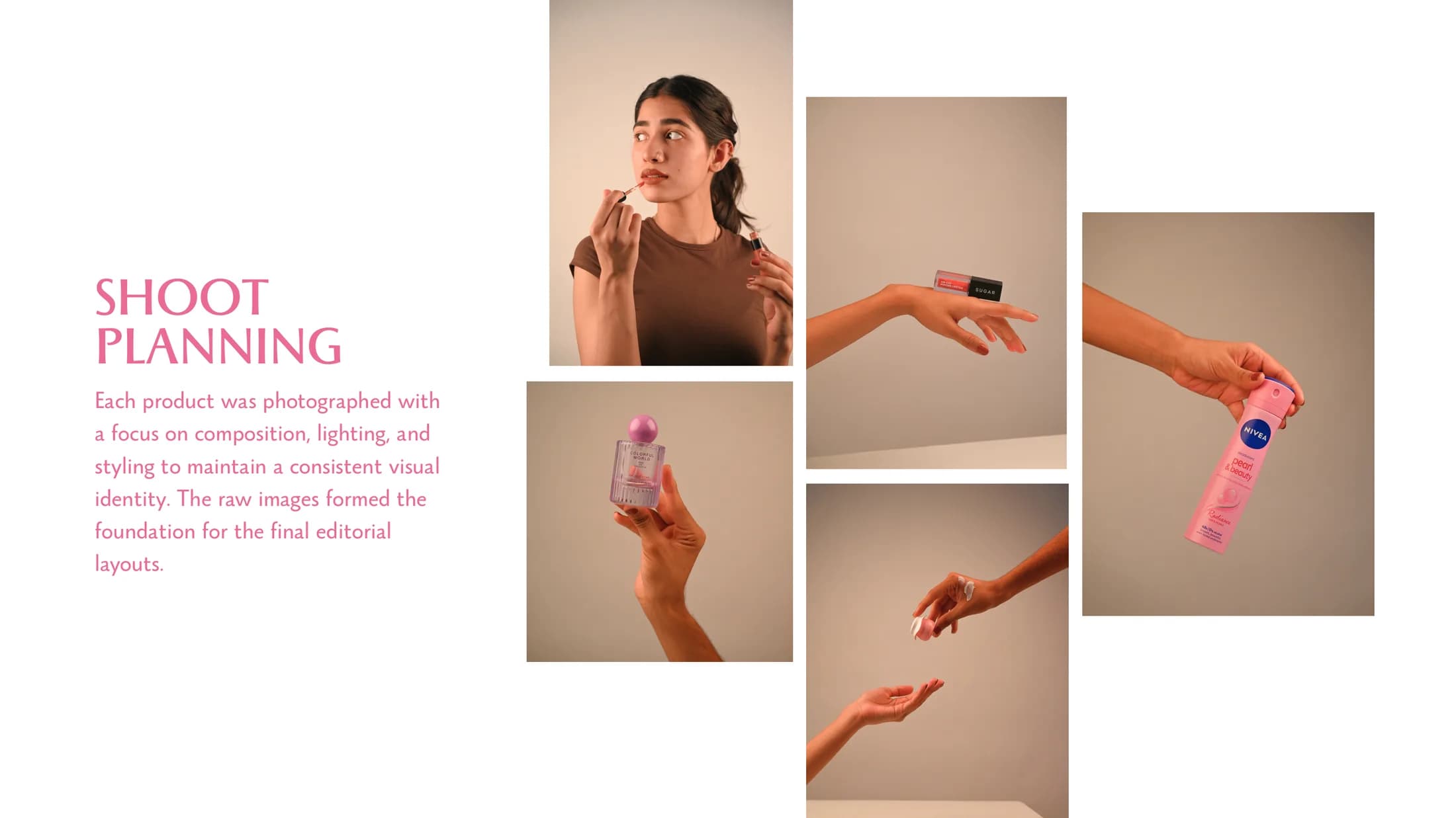 Shoot planning — raw frames of products held and posed against a neutral backdrop