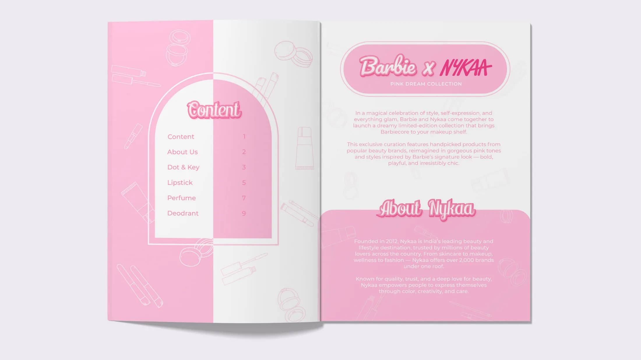 Contents spread with arched frames and Barbie × Nykaa lockup