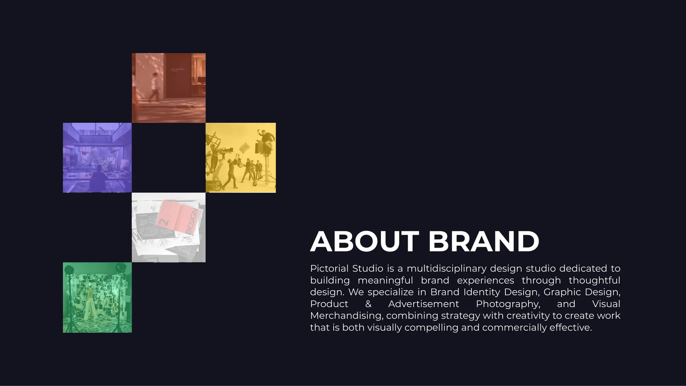 Pixel-grid collage of textures and imagery forming the brand pattern