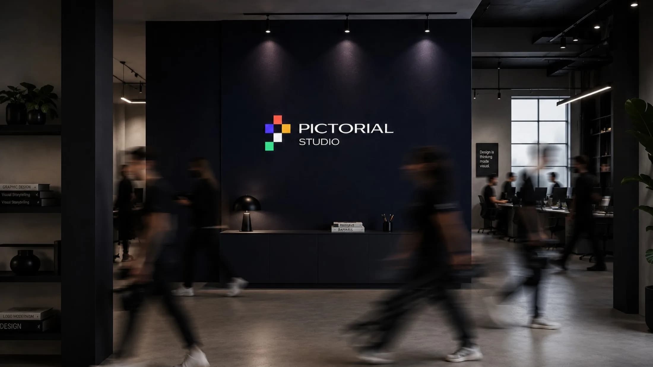 Pictorial Studio reception with backlit logo signage