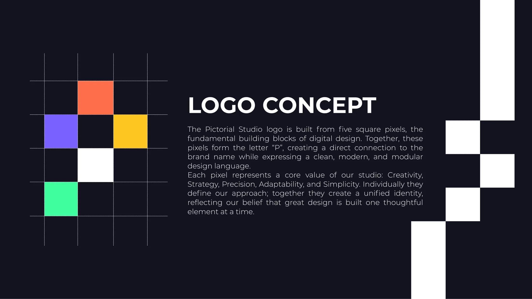 Logo concept — five pixels assembling into the letter P on a grid
