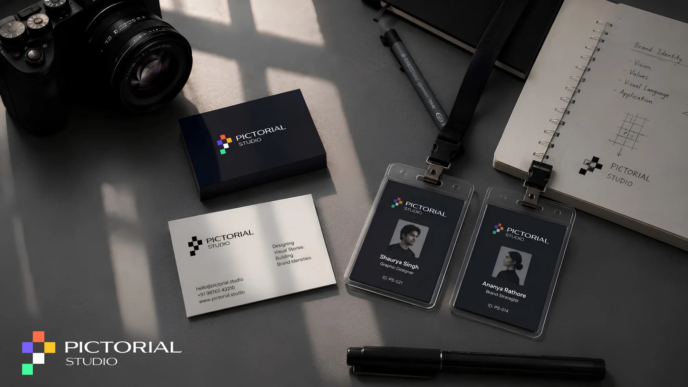 Business cards and lanyards in the graphite identity
