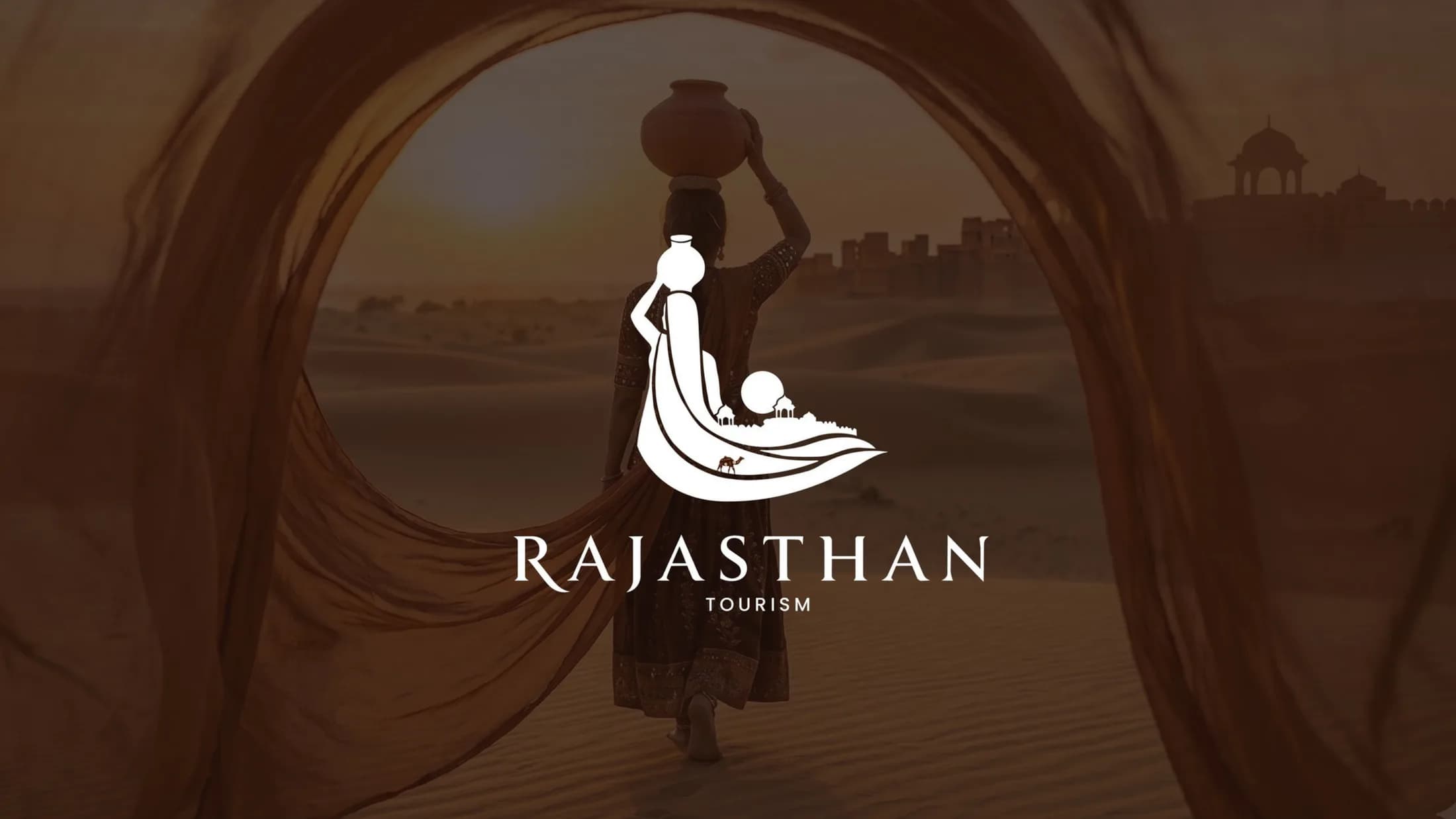Rajasthan Tourism logo — a Panihari woman carrying water, her veil flowing into desert dunes — over a desert photograph