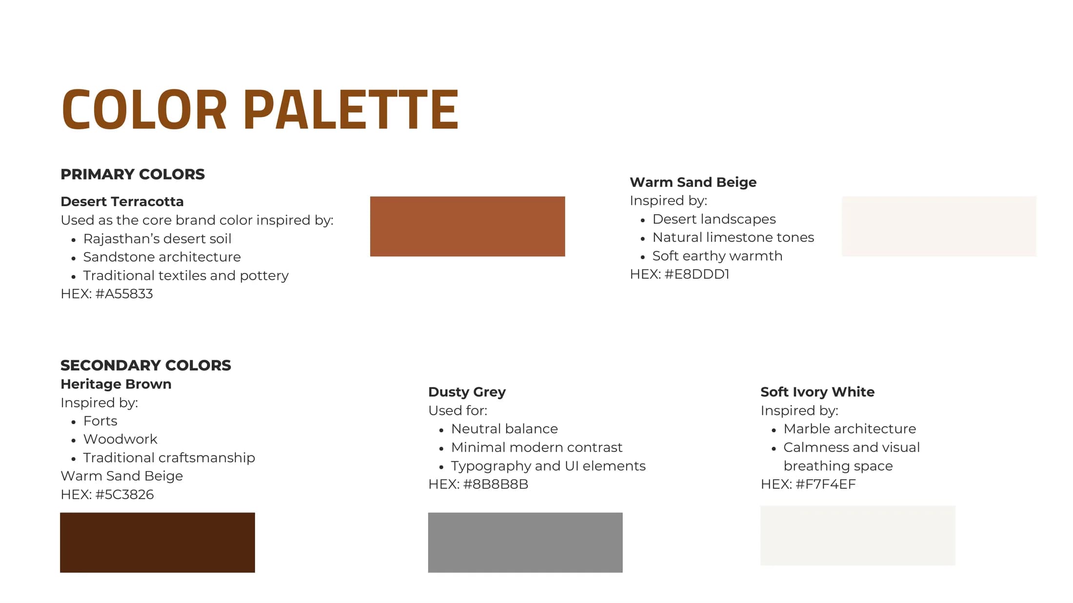 Color palette — desert terracotta, heritage brown, warm sand beige, dusty grey, soft ivory