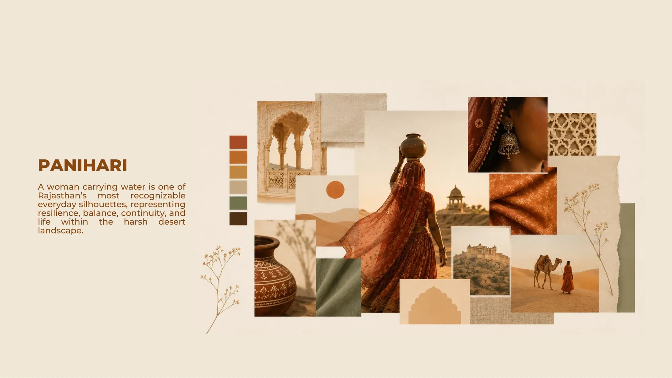 Panihari moodboard — a Rajasthani woman carrying water against desert tones