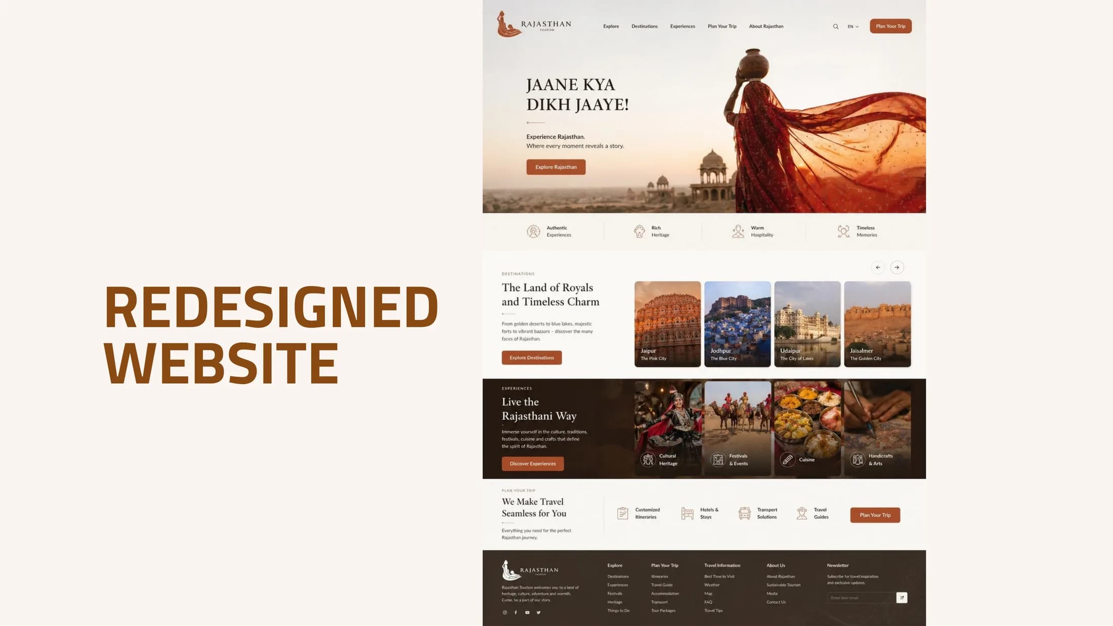 Redesigned Rajasthan Tourism website concept — hero, destinations and experiences sections